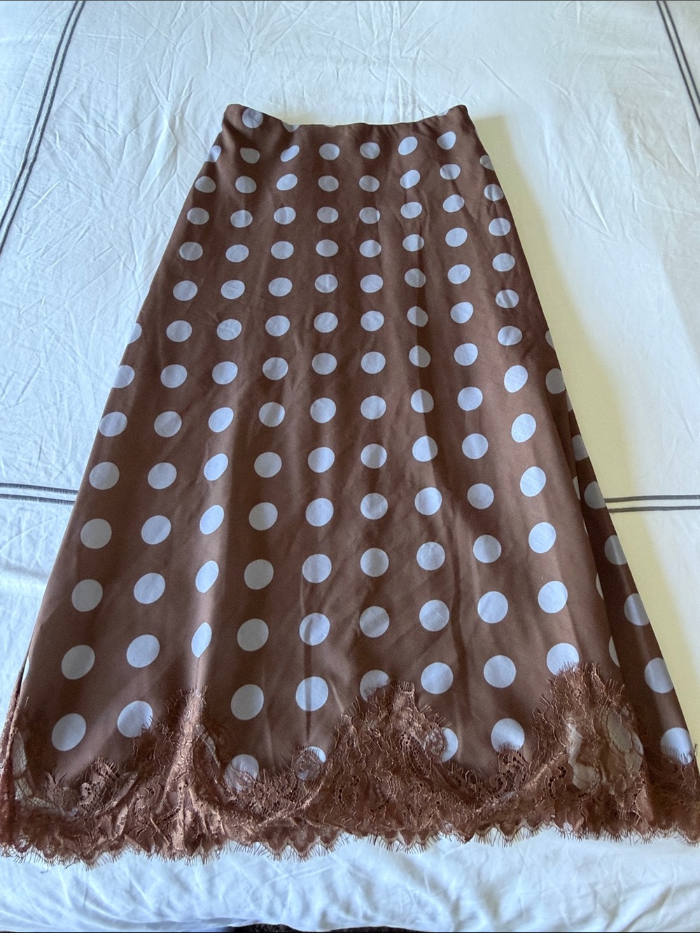 New! Polka Dot Brown Lace-Hem A-Line Skirt